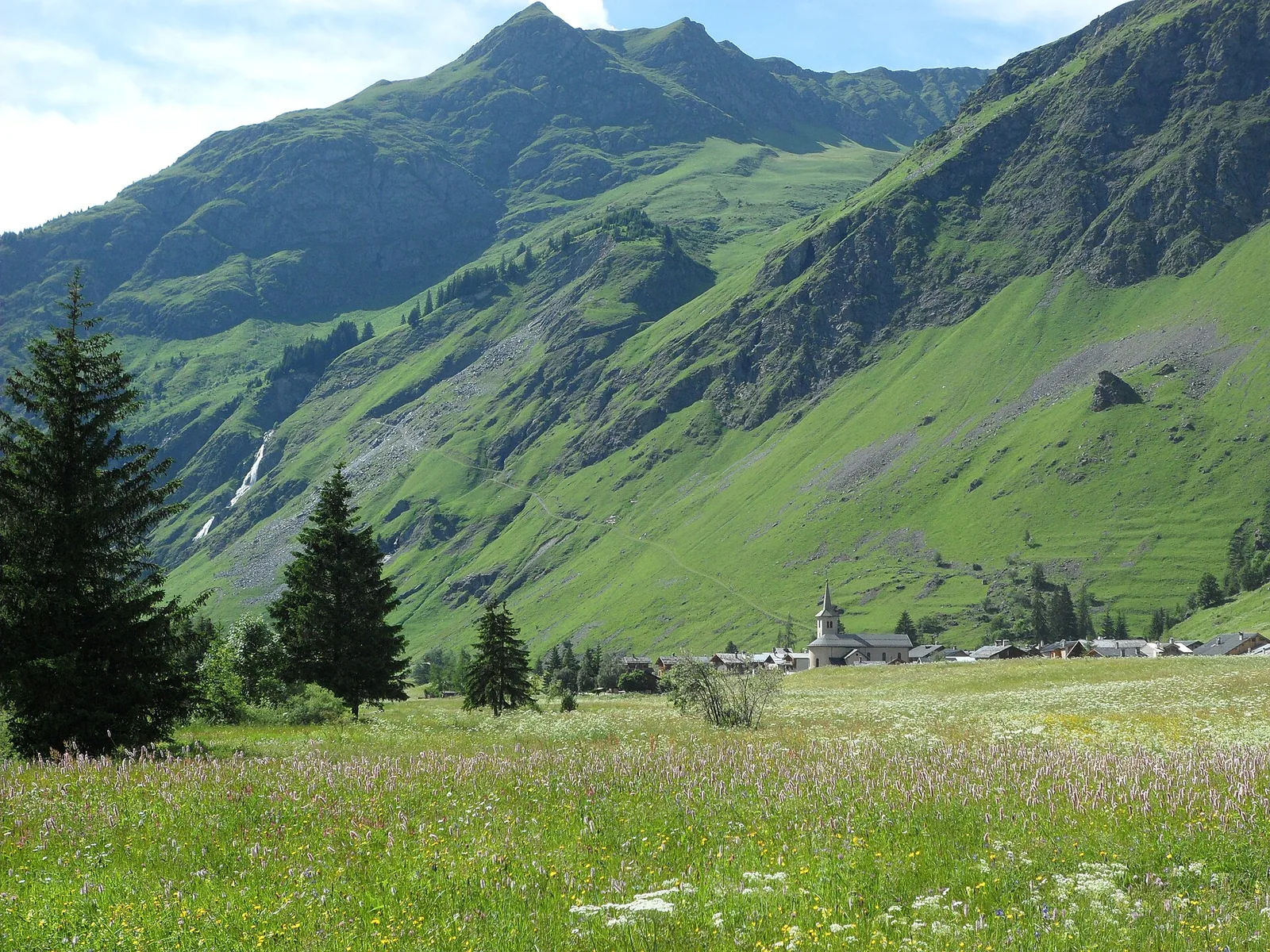 Wide view of the Champagny-le-Haut valley with alpine pastures and peaks
